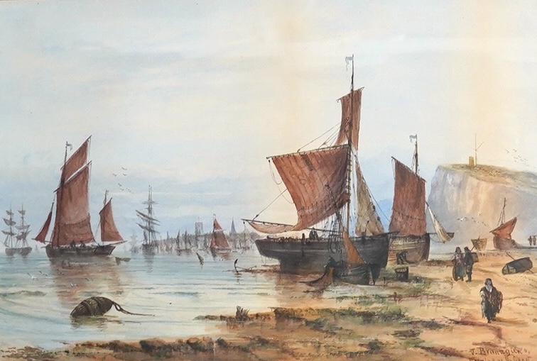 J. Branagan, (19th. C), watercolour, Evening coastal view with fishing boats, signed, 44 x 66cm, gilt frame. Condition - poor